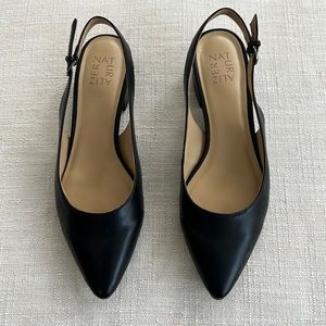 Size 9 black sling back flats with 1.5” stacked heel.